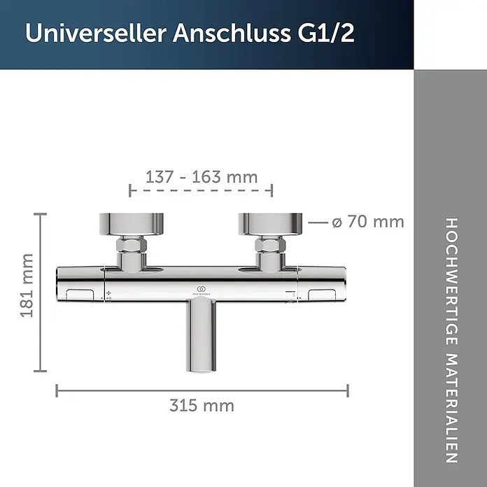 Ideal Standard UP-Thermostatarmatur - Chrom, Hochglänzend - Chromfarbener Thermostat-Brausemischer mit Maßen: 315 mm Breite, 181 mm Höhe, 137-163 mm Anschlussabstand.