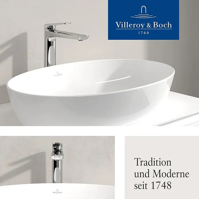 Villeroy & Boch Waschtischarmatur - Chrom, Hochglänzend - Weißes ovales Keramik-Waschbecken mit elegantem Chrom-Wasserhahn.