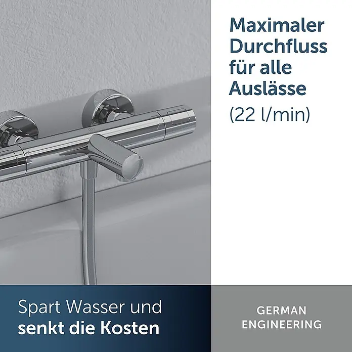 Ideal Standard UP-Thermostatarmatur - Chrom, Hochglänzend - Ein verchromter Brausethermostat mit Schlauchanschluss ist an einer Wand über einer Badewanne montiert.