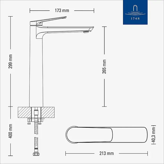 Villeroy & Boch Waschtischarmatur - Chrom, Hochglänzend - Technische Zeichnung eines verchromten Wasserhahns mit Hauptmaßen: Gesamthöhe 299mm, Auslaufhöhe 265mm, Ausladung 173mm, Breite 40.3mm.