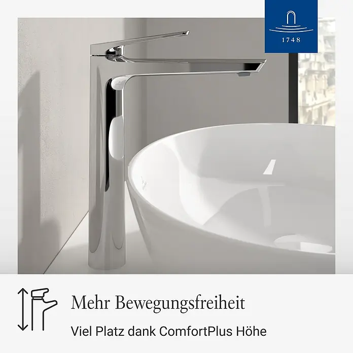 Villeroy & Boch Waschtischarmatur - Chrom, Hochglänzend - Hohe, moderne Chrom-Badarmatur und weißes Aufsatzwaschbecken, betont ComfortPlus Höhe für mehr Freiraum.
