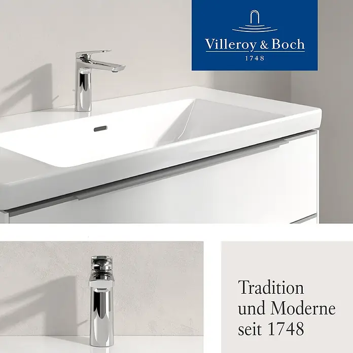 Villeroy & Boch Waschtischarmatur - Chrom, Hochglänzend - Weißes Keramikwaschbecken mit Chromarmatur auf einem weißen Unterschrank.