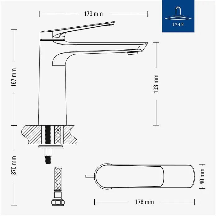 Villeroy & Boch Waschtischarmatur - Chrom, Hochglänzend - Technische Zeichnung eines modernen Einhebel-Waschtischmischers mit Maßen und Griff.