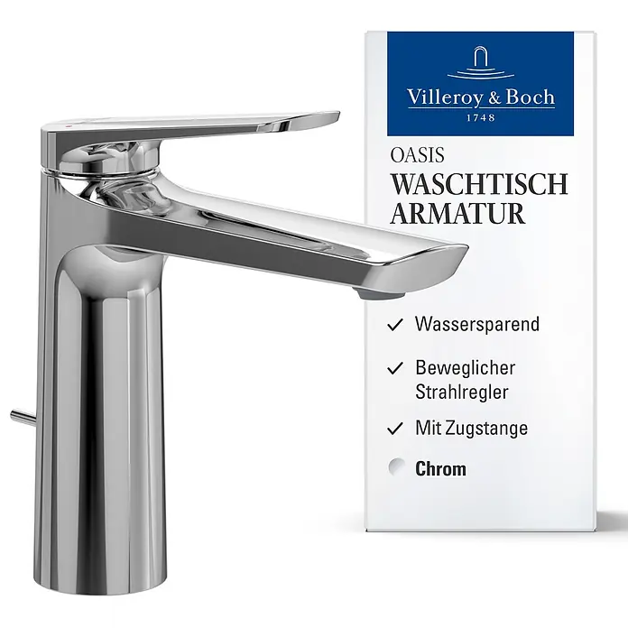 Villeroy & Boch Waschtischarmatur - Chrom, Hochglänzend - Verchromte Villeroy & Boch Oasis Waschtischarmatur mit Zugstange.