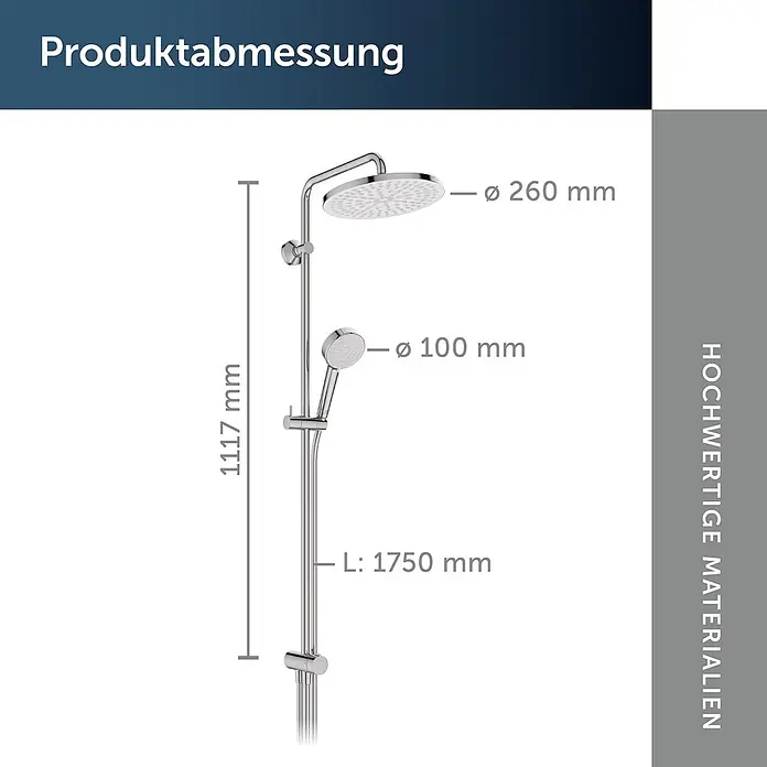Ideal Standard Brause-Set - Chrom - Verchromtes Duschsystem mit Kopf- und Handbrause, Duschstange und Schlauch. Maße: H 1117mm, Kopfbrause Ø260mm, Handbrause Ø100mm, Schlauch L:1750mm.