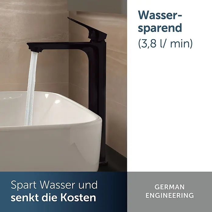 Ideal Standard Waschtischarmatur - Matt Schwarz, Matt - Schwarzer Wasserhahn, aus dem Wasser in ein weißes Waschbecken fließt.