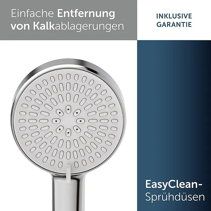 Ideal Standard Brause-Set - Chrom - Nahaufnahme eines verchromten Duschkopfs mit weißen EasyClean-Sprühdüsen zur einfachen Entkalkung.