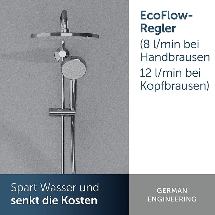 Ideal Standard Brause-Set - Chrom - Verchromtes Duschsystem mit Kopf- und Handbrause, mit EcoFlow-Regler zur Wasser- und Kostenersparnis (8 l/min Handbrause, 12 l/min Kopfbrause).