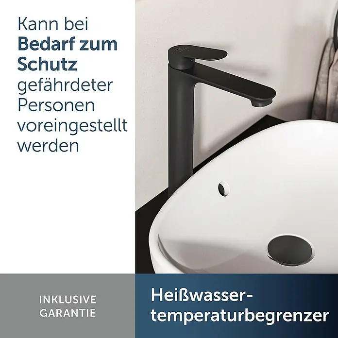 Ideal Standard Waschtischarmatur - Matt Schwarz, Matt - Schwarze Badarmatur mit weißem Waschbecken, ausgestattet mit einem Heißwassertemperaturbegrenzer zur Sicherheit.