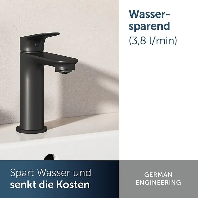 Ideal Standard Waschtischarmatur - Matt Schwarz, Matt - Eine elegante, mattschwarze Einhebelarmatur auf einem weißen Keramikwaschbecken.