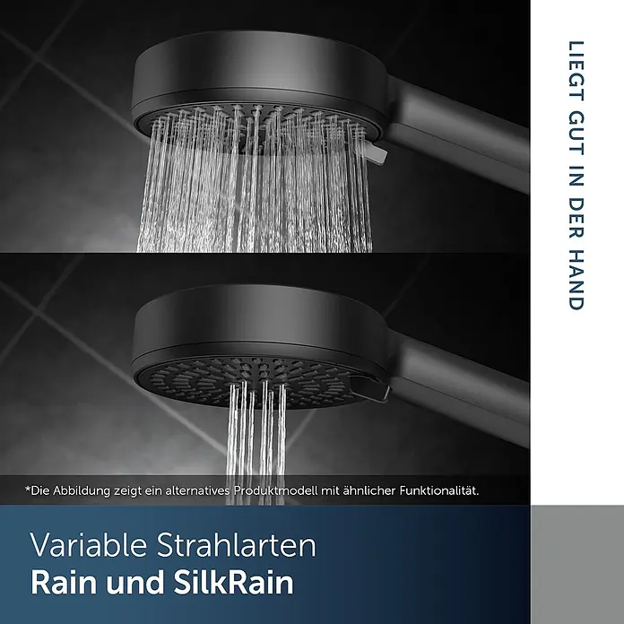 Ideal Standard Brause-Set - Matt Schwarz - Schwarzer Duschkopf zeigt zwei Strahlarten: Rain und SilkRain.