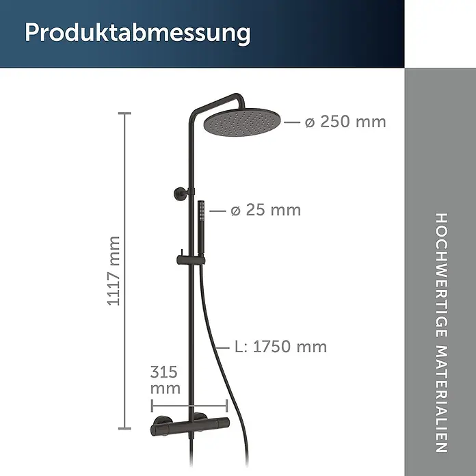 Ideal Standard Duschsystem - Anzahl Strahlarten: 2 Stk., Matt Schwarz - Schwarzes Duschsystem mit runder Kopfbrause, Handbrause und Thermostat, inklusive Maßen.