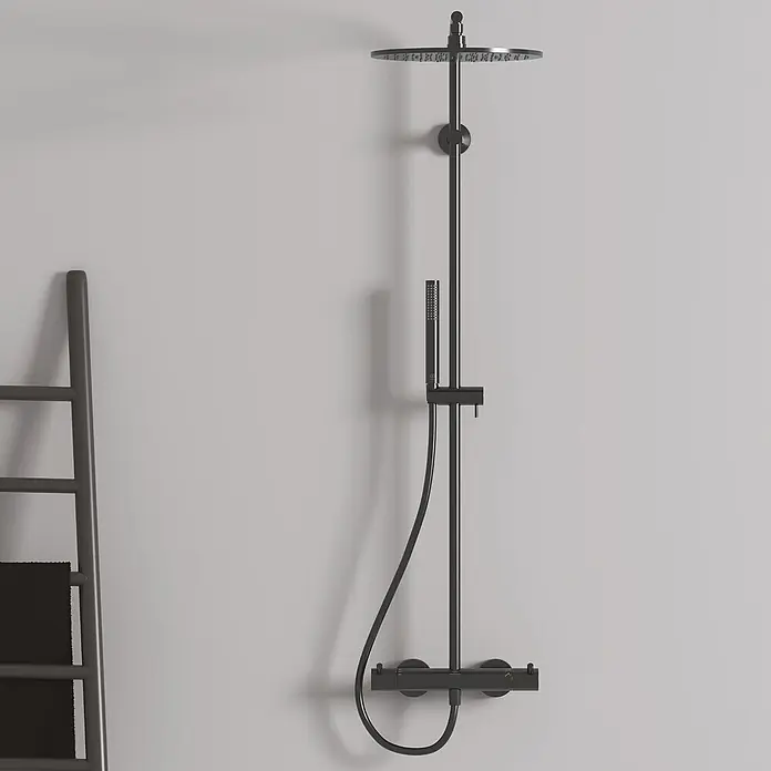 Ideal Standard Duschsystem - Anzahl Strahlarten: 2 Stk., Matt Schwarz - Modernes matt-schwarzes Duschsystem mit Kopfbrause, Handbrause und Thermostatmischer.