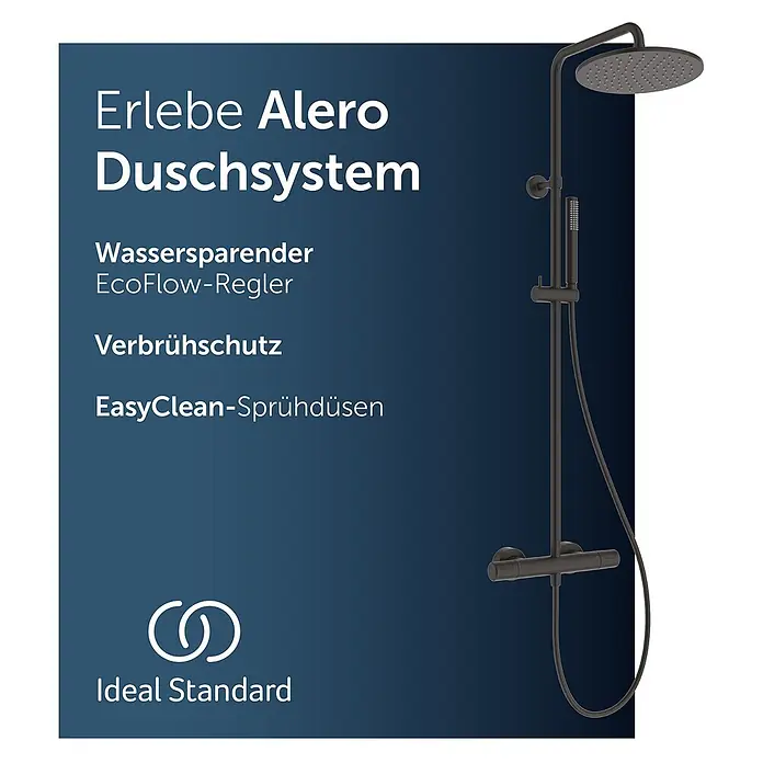 Ideal Standard Duschsystem - Anzahl Strahlarten: 2 Stk., Matt Schwarz - Dunkles Alero Duschsystem von Ideal Standard mit Thermostat, Kopf- und Handbrause.