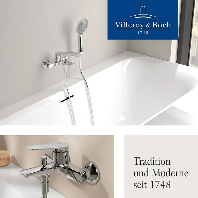 Villeroy & Boch Badewannenarmatur - Chrom, Hochglänzend - Chromfarbener Duschkopf und passende Badewannenarmatur von Villeroy & Boch über einer weißen Wanne.