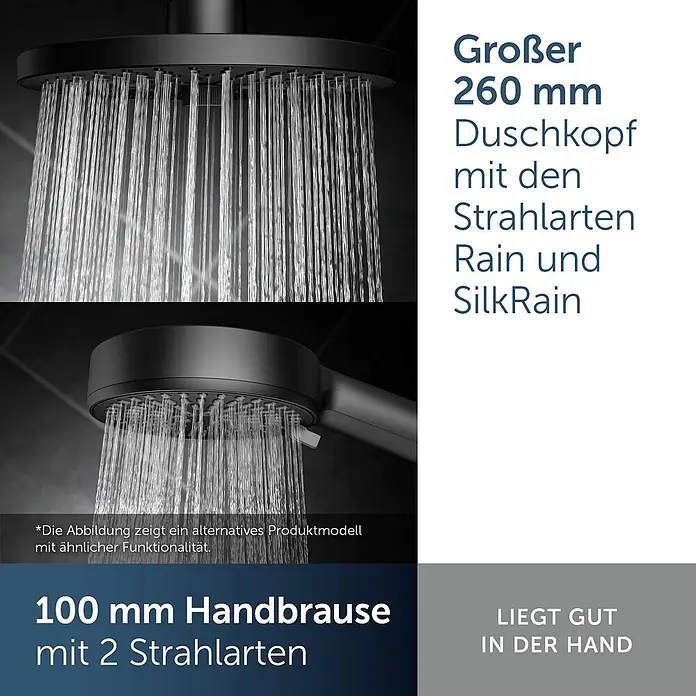 Ideal Standard Duschsystem - Anzahl Strahlarten: 2 Stk., Matt Schwarz - Schwarzer 260mm Duschkopf und 100mm Handbrause mit Wasserstrahlen, bietet verschiedene Strahlarten.