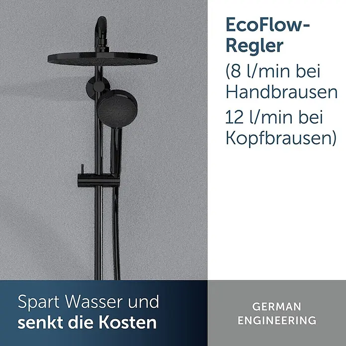 Ideal Standard Duschsystem - Anzahl Strahlarten: 2 Stk., Matt Schwarz - Schwarzes Duschsystem mit EcoFlow-Regler: spart Wasser (8 l/min Handbrause, 12 l/min Kopfbrause) und senkt Kosten.