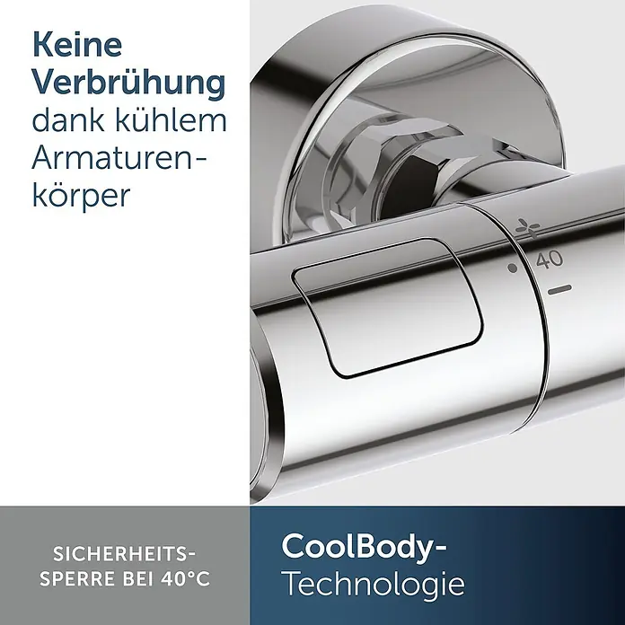 Ideal Standard Duschsystem - Anzahl Strahlarten: 2 Stk., Chrom - Glänzender, verchromter Brausethermostat mit 40°C Sicherheitssperre und CoolBody-Technologie für Verbrühschutz.