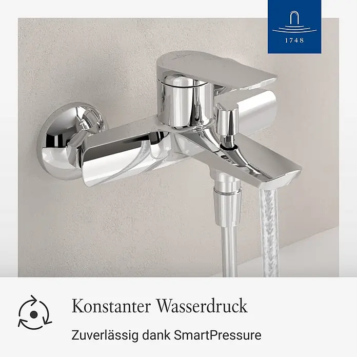 Villeroy & Boch Badewannenarmatur - Chrom, Hochglänzend - Wandmontierte Chrom-Mischbatterie mit Handbrause, liefert konstanten Wasserfluss.