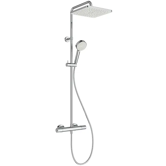 Ideal Standard Duschsystem - Anzahl Strahlarten: 2 Stk., Chrom - Verchromtes Duschsystem mit quadratischer Kopfbrause, Handbrause und Thermostatmischer.