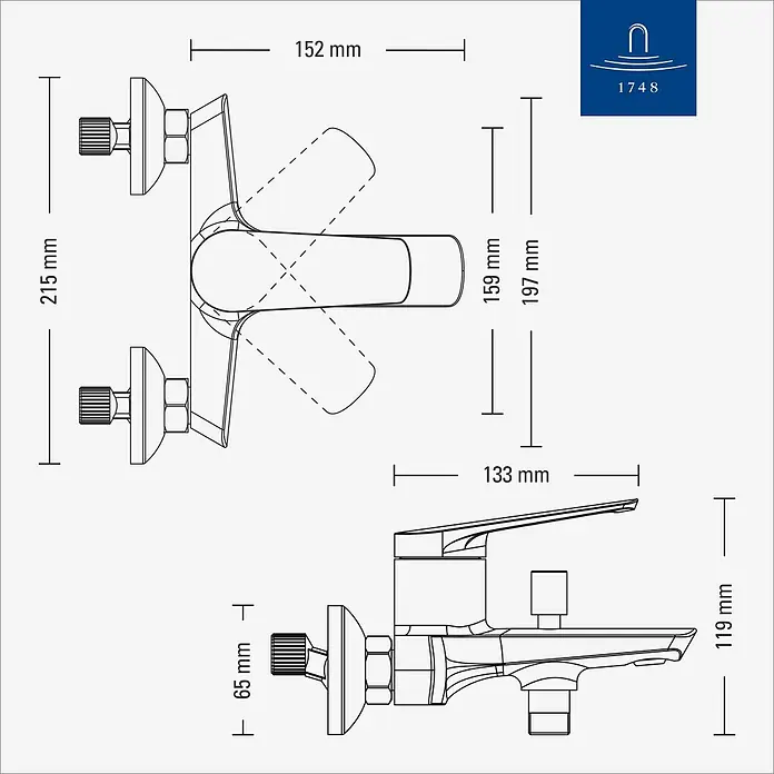 Villeroy & Boch Badewannenarmatur - Chrom, Hochglänzend - Technische Zeichnung einer wandmontierten Einhebel-Mischbatterie mit Maßen, z.B. 152mm Breite und 119mm Höhe.