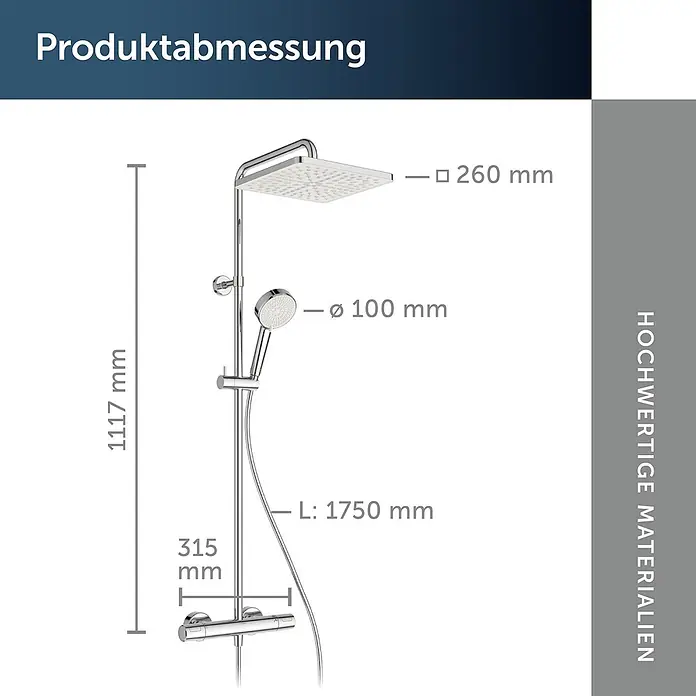 Ideal Standard Duschsystem - Anzahl Strahlarten: 2 Stk., Chrom - Verchromte Duschanlage mit Maßen: 1117mm Höhe, 260mm quadratischer Kopfbrause, 100mm Handbrause, 1750mm Schlauch, 315mm Thermostat.