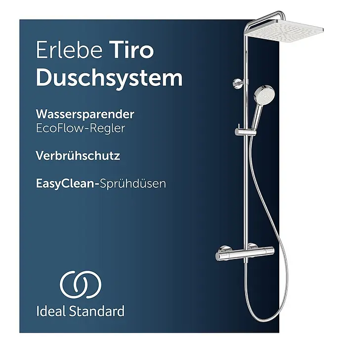 Ideal Standard Duschsystem - Anzahl Strahlarten: 2 Stk., Chrom - Verchromtes Duschsystem mit quadratischer Kopfbrause, Handbrause und Thermostatmischer.