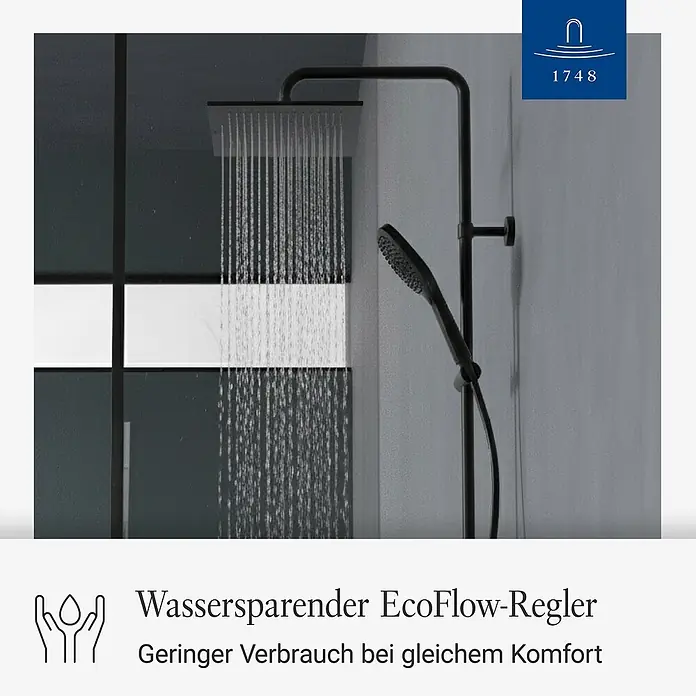 Villeroy & Boch Duschsystem - Anzahl Strahlarten: 3 Stk., Matt Black - Schwarzes Duschsystem mit quadratischem Regenduschkopf und Handbrause, Wasser fließt in modernem Badambiente.
