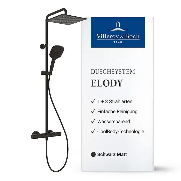 Villeroy & Boch Duschsystem - Anzahl Strahlarten: 3 Stk., Matt Black - Villeroy & Boch ELODY Duschsystem in Schwarz Matt mit Kopf- und Handbrause und Thermostat.