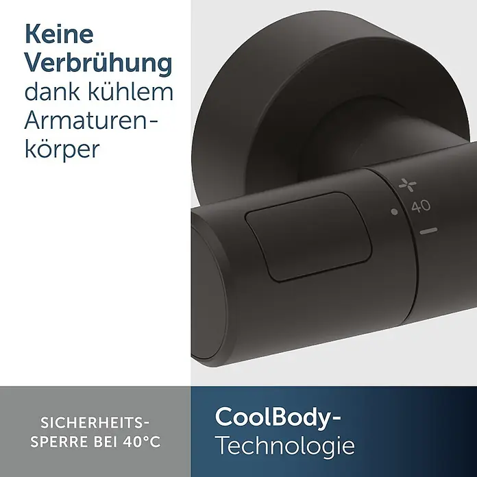 Ideal Standard UP-Thermostatarmatur - Matt Schwarz, Matt - Schwarzer Thermostatmischer mit Temperaturregler, der '40' anzeigt.