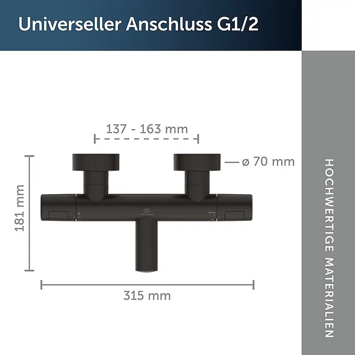 Ideal Standard UP-Thermostatarmatur - Matt Schwarz, Matt - Schwarzer Duschthermostat mit universellem G1/2-Anschluss, 315mm breit, 181mm hoch, 137-163mm variabler Anschluss, 70mm Knopf. Hochwertige Materialien.