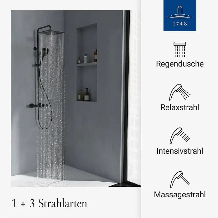 Villeroy & Boch Duschsystem - Anzahl Strahlarten: 3 Stk., Matt Black - Schwarzes Duschsystem mit Kopf- und Handbrause sprüht Wasser, bietet 4 Strahlarten.