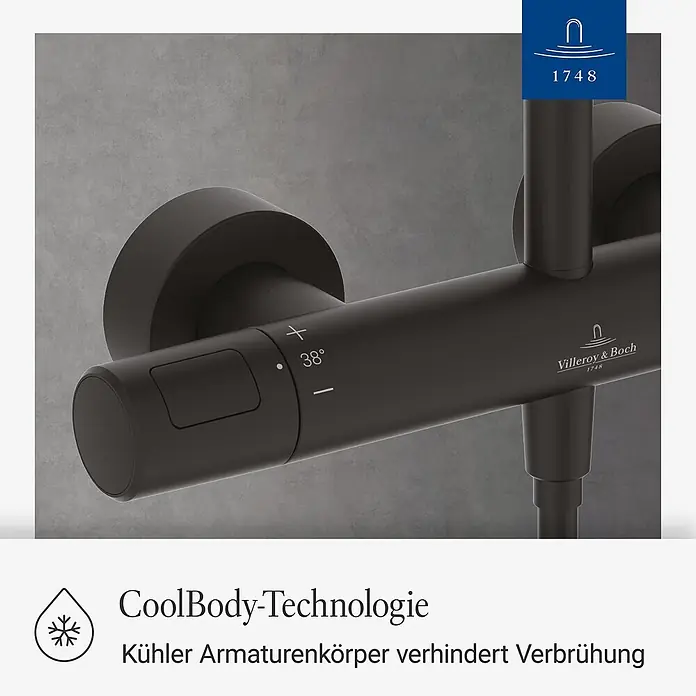 Villeroy & Boch Duschsystem - Anzahl Strahlarten: 3 Stk., Matt Black - Dunkelgraue matte Duscharmatur mit 38° Temperaturanzeige und CoolBody-Technologie, die Verbrühungen verhindert.