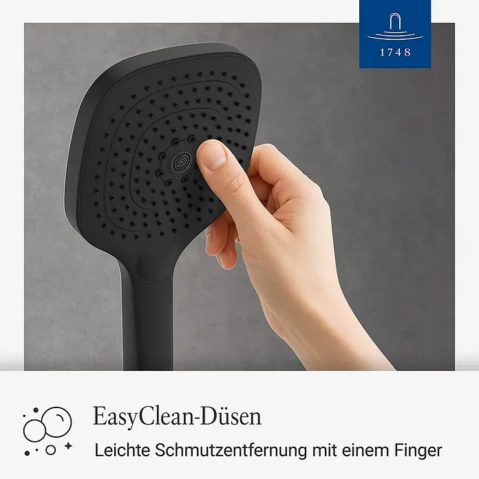Villeroy & Boch Duschsystem - Anzahl Strahlarten: 3 Stk., Matt Black - Schwarzer Duschkopf mit flexiblen Düsen, der mit einem Finger gereinigt wird. Zeigt die EasyClean-Funktion zur einfachen Schmutzentfernung.