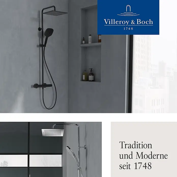 Villeroy & Boch Duschsystem - Anzahl Strahlarten: 3 Stk., Matt Black - Zwei Villeroy & Boch Brausesysteme: eines mattschwarz im modernen Bad, eines verchromt. Tradition und Moderne.