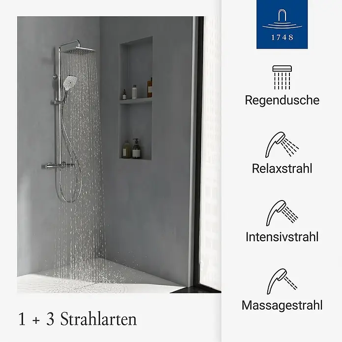 Villeroy & Boch Duschsystem - Anzahl Strahlarten: 3 Stk., Chrom - Chrom Duschsystem mit quadratischem Regenduschkopf und Handbrause, die Wasser in einem modernen Bad sprühen.