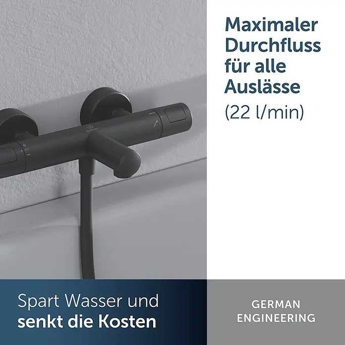 Ideal Standard UP-Thermostatarmatur - Matt Schwarz, Matt - Matter schwarzer Ideal Standard Duschthermostat mit Temperatur- und Durchflussregler, wandmontiert.