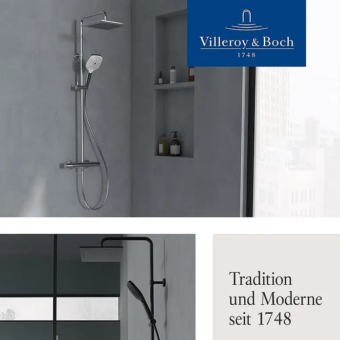 Villeroy & Boch Duschsystem - Anzahl Strahlarten: 3 Stk., Chrom - Chrom-Duschsystem in modernem Bad, schwarzes Duschsystem und Villeroy & Boch Logo.