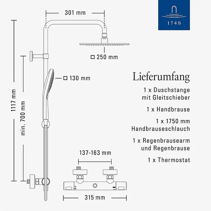 Villeroy & Boch Duschsystem - Anzahl Strahlarten: 3 Stk., Chrom - Technische Zeichnung eines Duschsystems mit Regendusche, Handbrause und Thermostat, inklusive Maßen.