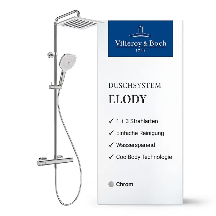 Villeroy & Boch Duschsystem - Anzahl Strahlarten: 3 Stk., Chrom - Verchromtes Duschsystem mit quadratischem Duschkopf, Handbrause und Thermostat.