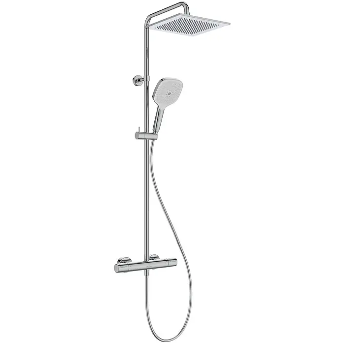Villeroy & Boch Duschsystem - Anzahl Strahlarten: 3 Stk., Chrom - Chrom-Duschsystem mit quadratischem Regenduschkopf, Handbrause und Thermostatmischer.