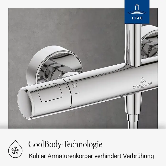 Villeroy & Boch Duschsystem - Anzahl Strahlarten: 3 Stk., Chrom - Verchromter Villeroy & Boch Duschthermostat mit 38° Temperaturanzeige und CoolBody-Technologie gegen Verbrühung.