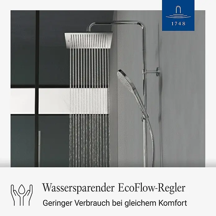 Villeroy & Boch Duschsystem - Anzahl Strahlarten: 3 Stk., Chrom - Ein modernes Chrom-Duschsystem mit rechteckiger Kopfbrause und Handbrause, beide sprühen Wasser in einem modernen Badezimmer.