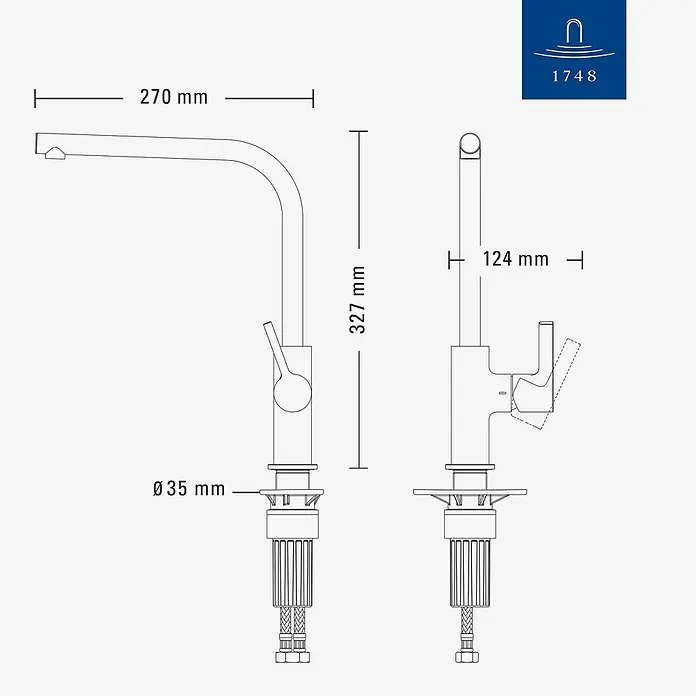 Villeroy & Boch Spültischarmatur - Chrom, Hochglänzend - Technische Zeichnung einer Küchenarmatur mit Maßen: 270mm Ausladung, 327mm Gesamthöhe und 35mm Befestigungslochdurchmesser.