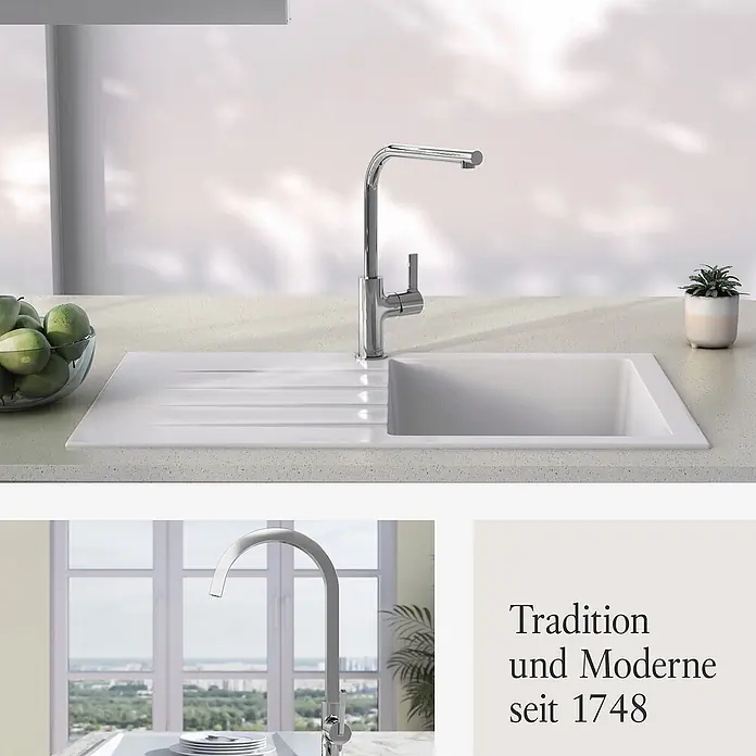 Villeroy & Boch Spültischarmatur - Chrom, Hochglänzend - Eine weiße Küchenspüle mit Chromarmatur, integriert in eine helle, gesprenkelte Arbeitsplatte.
