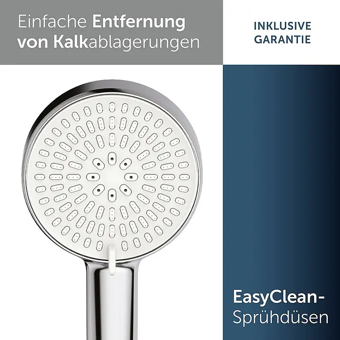 Ideal Standard Brause-Set - Chrom - Nahaufnahme eines verchromten Duschkopfes mit weißen EasyClean-Sprühdüsen zur einfachen Kalkentfernung.