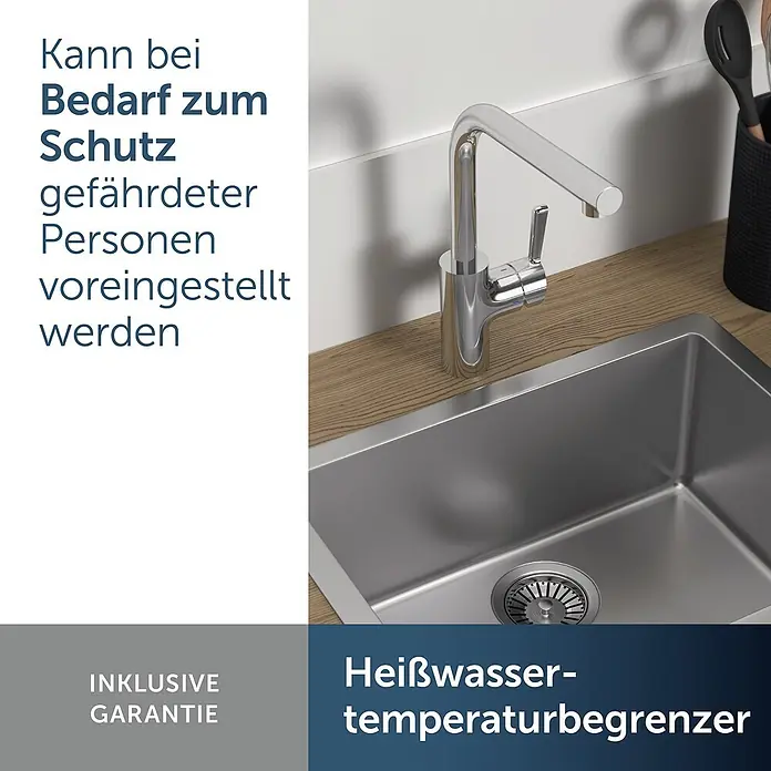Ideal Standard Spültischarmatur - Chrom, Hochglänzend - Edelstahlspüle mit Chromarmatur und integriertem Heißwasser-Temperaturbegrenzer zum Schutz gefährdeter Personen.