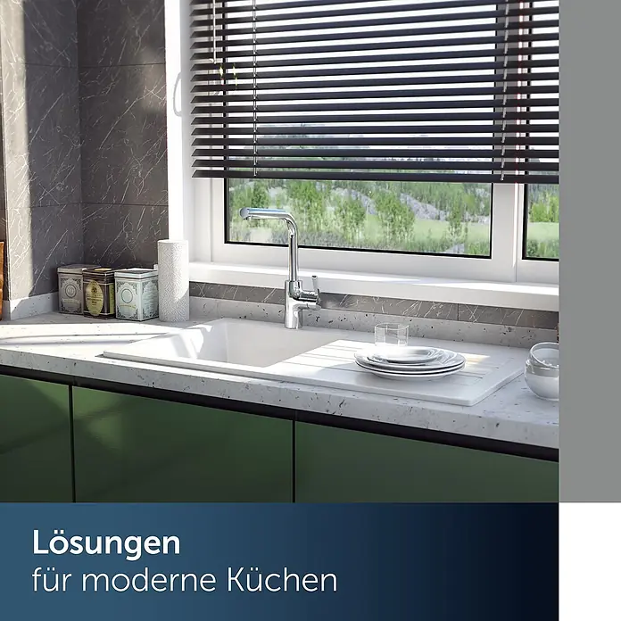 Ideal Standard Spültischarmatur - Chrom, Hochglänzend - Weißes Küchenspülbecken mit schlanker Chromarmatur und heller Sprenkelarbeitsplatte, integriert in ein modernes Küchendesign.