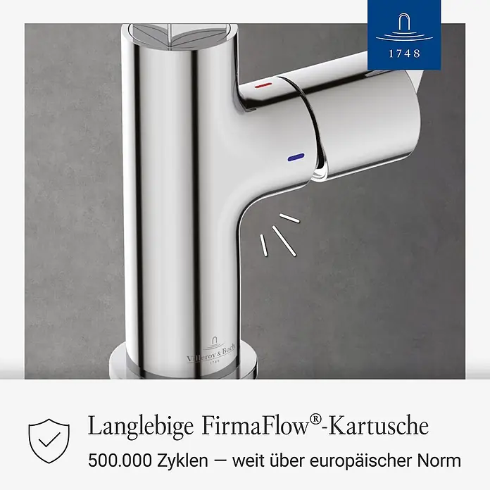 Villeroy & Boch Spültischarmatur - Chrom, Hochglänzend - Moderner Chrom-Wasserhahn mit rot/blau Indikatoren und langlebiger FirmaFlow®-Kartuschen-Technologie.