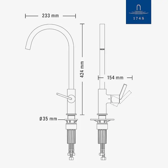 Villeroy & Boch Spültischarmatur - Chrom, Hochglänzend - Technisches Zeichnung einer hohen Küchenarmatur mit Einhebelmischer, Maße: 424mm Höhe, 233mm Ausladung, 35mm Montagebohrung.